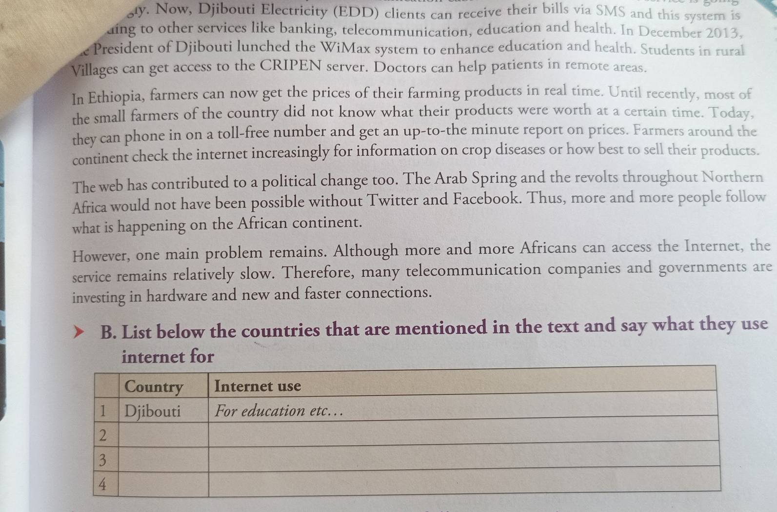 aly. Now, Djibouti Electricity (EDD) clients can receive their bills via SMS and this system is 
ding to other services like banking, telecommunication, education and health. In December 2013, 
e President of Djibouti lunched the WiMax system to enhance education and health. Students in rural 
Villages can get access to the CRIPEN server. Doctors can help patients in remote areas. 
In Ethiopia, farmers can now get the prices of their farming products in real time. Until recently, most of 
the small farmers of the country did not know what their products were worth at a certain time. Today, 
they can phone in on a toll-free number and get an up-to-the minute report on prices. Farmers around the 
continent check the internet increasingly for information on crop diseases or how best to sell their products. 
The web has contributed to a political change too. The Arab Spring and the revolts throughout Northern 
Africa would not have been possible without Twitter and Facebook. Thus, more and more people follow 
what is happening on the African continent. 
However, one main problem remains. Although more and more Africans can access the Internet, the 
service remains relatively slow. Therefore, many telecommunication companies and governments are 
investing in hardware and new and faster connections. 
B. List below the countries that are mentioned in the text and say what they use 
internet for