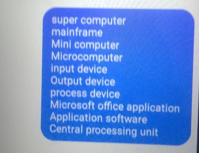 super computer
mainframe
Mini computer
Microcomputer
input device
Output device
process device
Microsoft office application
Application software
Central processing unit