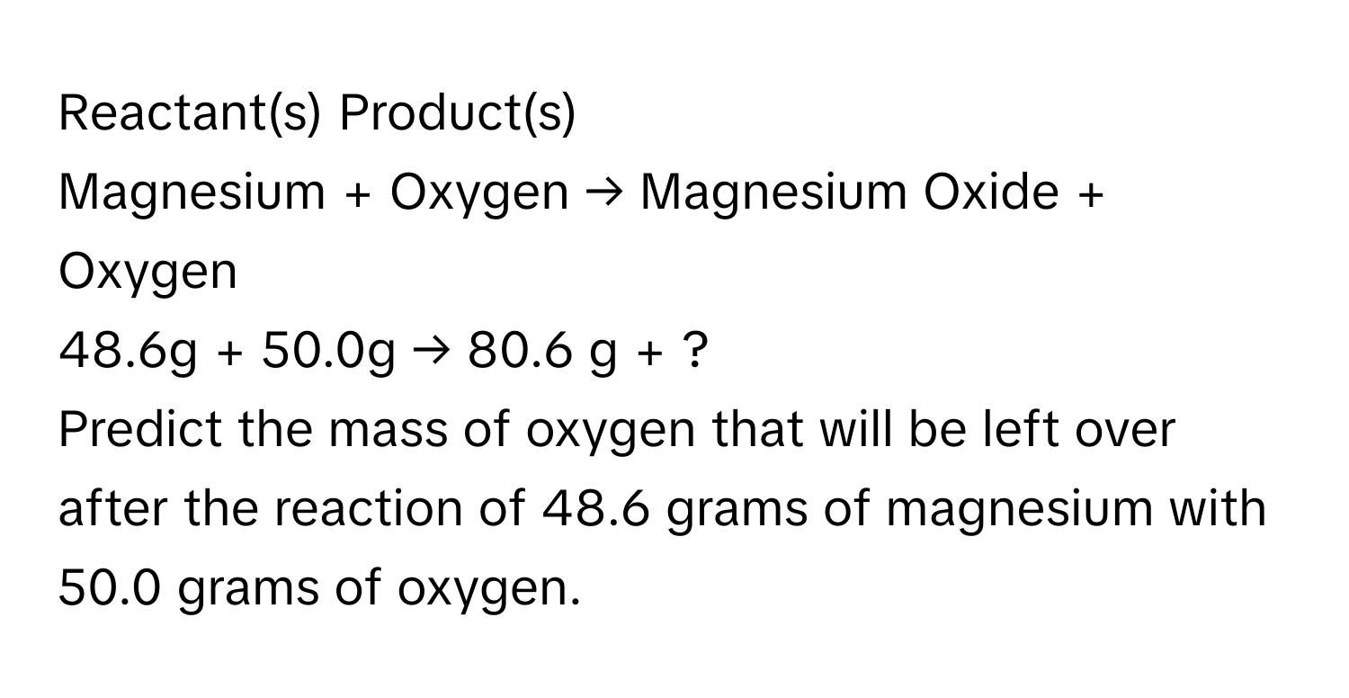 Reactant(s) Product(s)

Magnesium + Oxygen → Magnesium Oxide + Oxygen 
48.6g + 50.0g → 80.6 g + ? 

Predict the mass of oxygen that will be left over after the reaction of 48.6 grams of magnesium with 50.0 grams of oxygen.