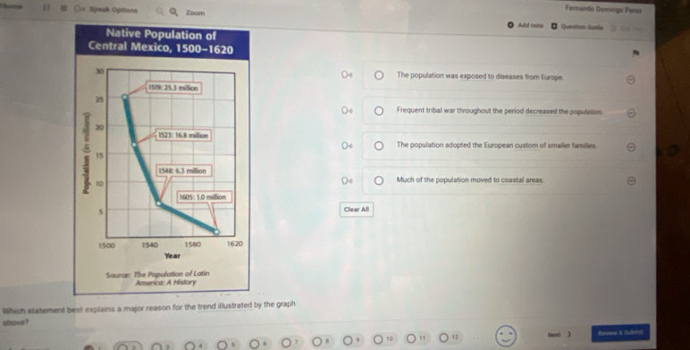 Fernando Domingo Perez
lipeak Options Zoom Add note Question Guide

Native Population of
Central Mexico, 1500-1620
30 The population was exposed to diseases from Europe.
1519: 25.3 million
25
Frequent tribal war throughout the period decreased the population.
. 20
1523: 16.8 million
The population adopted the European custom of smaller families
15
1548: 6.3 million
10
Much of the population moved to coastal areas
1605 : 1.0 million
5 Clear Alll
1500 1540 1580 1620
Year
Source: The Papulation of Latin America: A History
Which statement best explains a major reason for the trend illustrated by the graph
above?
Next ) Reutew 5. Schent