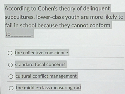 According to Cohen's theory of delinquent
subcultures, lower-class youth are more likely to
fail in school because they cannot conform
to_ .
the collective conscience
standard focal concerns
cultural conflict management
the middle-class measuring rod