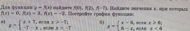 Для функции y=f(x) найднτе f(0), f(2), f(-7) , Найдиτе значения хδ приαδκоοτорьх
f(x)=0, f(x)=3, f(x)=-2. Πостройτе график фунκции: 
a) y=beginarrayl x+7,ecπ ux≥slant -7; -7-x,ecπ ux
6) y=beginarrayl x-6,ecπ Hx≥slant 6; 6-x,ecπ Hx<6endarray.