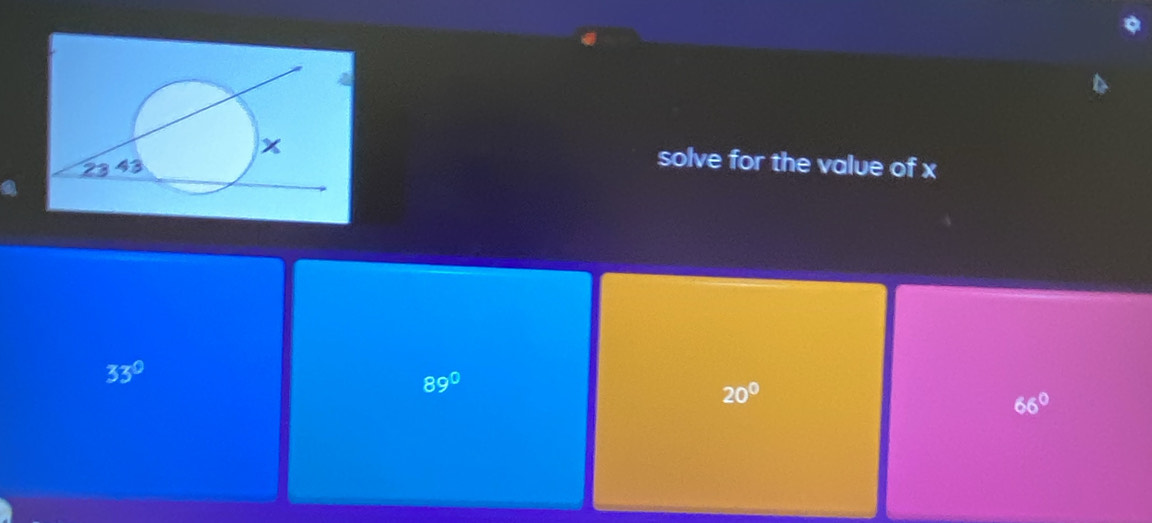 solve for the value of x
33°
89°
20°
66°