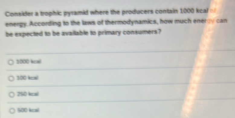 Consider a trophic pyramid where the producers contain 1000 kc
energy. According to the laws of thermodynamics, how much energy can
be expected to be available to primary consumers?
1000 kcal
100 ical
o 250 lcal
500 lcal