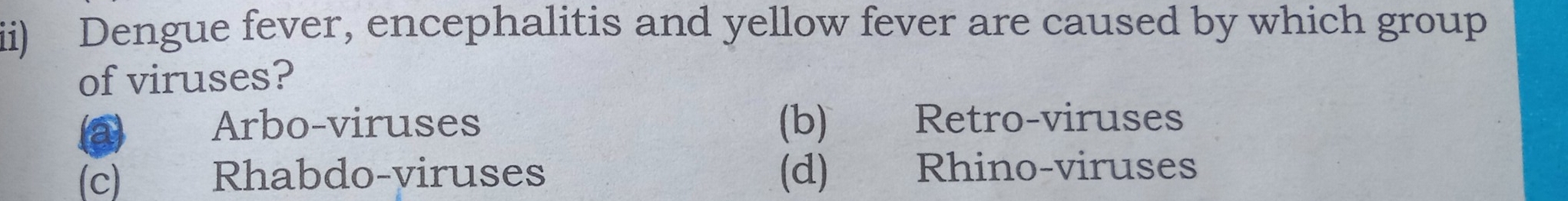 Solved: ii) Dengue fever, encephalitis and yellow fever are caused by ...