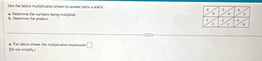 Use the lattice multiplication shown to answer parts a and b. 
a. Determine the numbers being multiplied. 
b. Determine the product. 
a. The lattice shows the multiplication expression □. 
(Do not simplify.)