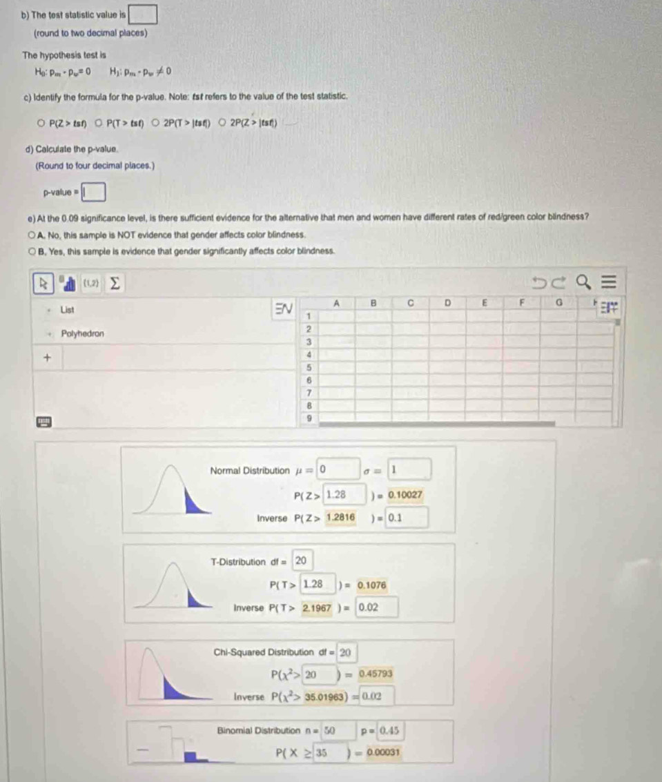 The test statistic value is □ 
(round to two decimal places)
The hypothesis test is
H_0:p_m· p_w=0 H_1:p_m-p_m!= 0
c) Identify the formula for the p -value. Note: 1st refers to the value of the test statistic.
P(Z>tsf) 。 P(T>tst) 2P(T>|tsf|) C 2P(Z>|tst|)
d) Calculate the p -value.
(Round to four decimal places.)
p-value =□
e) At the 0.09 significance level, is there sufficient evidence for the alternative that men and women have different rates of red/green color blindness?
A. No, this sample is NOT evidence that gender affects color blindness.
B. Yes, this sample is evidence that gender significantly affects color blindness.
(1,2)
List
A C D E F G
1
Polyhedron
2
3
+
4
5
6
7
B
9
Normal Distribution mu =0sigma =□
P(Z> 1.28)=0.10027
Inverse P(Z>1.2816)=0.1
T-Distribution df=20
P(T>1.28)=0.1076
Inverse P(T>2.1967)=0.02
Squared Distribution dt=20
P(chi^2>20)=0.45793
Inverse P(chi^2>35.01963)=0.02
_  7□ Binomial Distribution n=50 p=0.45
P(X≥ 35 =0.00031