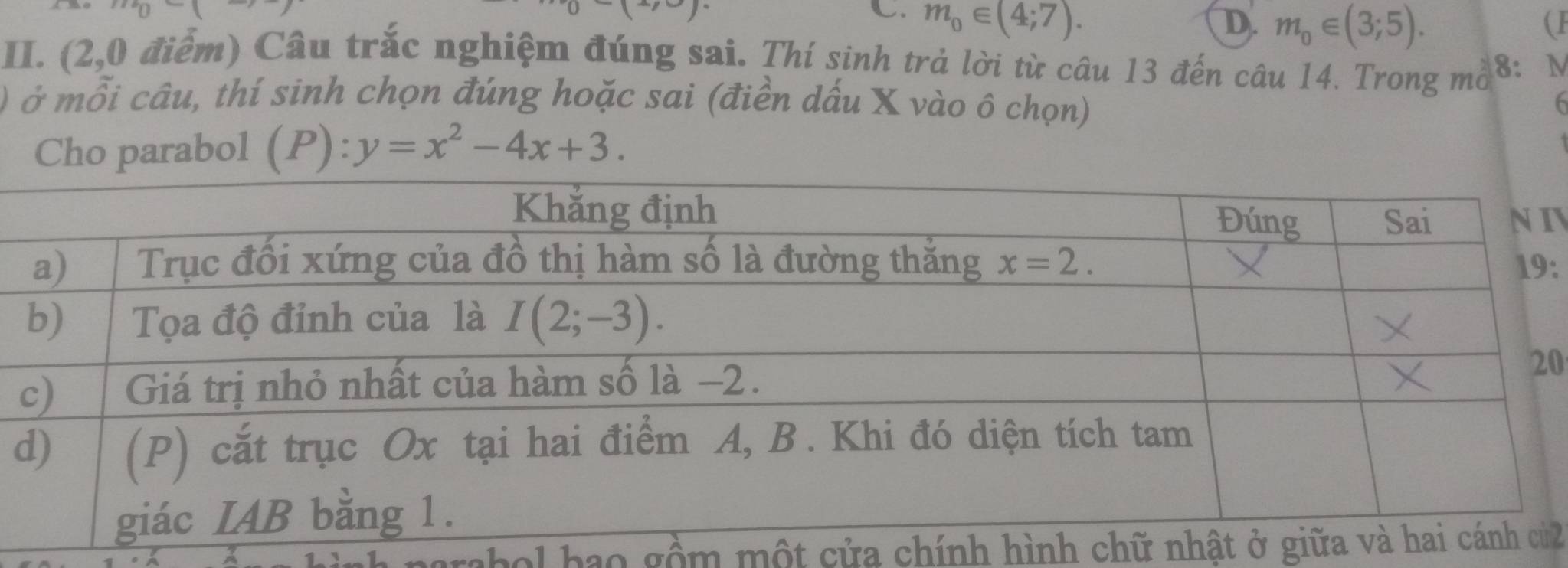 m_0∈ (4;7). D. m_0∈ (3;5).
(
II. (2,0 điểm) Câu trắc nghiệm đúng sai. Thí sinh trả lời từ câu 13 đến câu 14. Trong mở 8: M
ở mỗi câu, thí sinh chọn đúng hoặc sai (điền dấu X vào ô chọn)
Cho parabol (P):y=x^2-4x+3.
I
:
0
d
ol bao gồm một cửa chính hình chữ n2