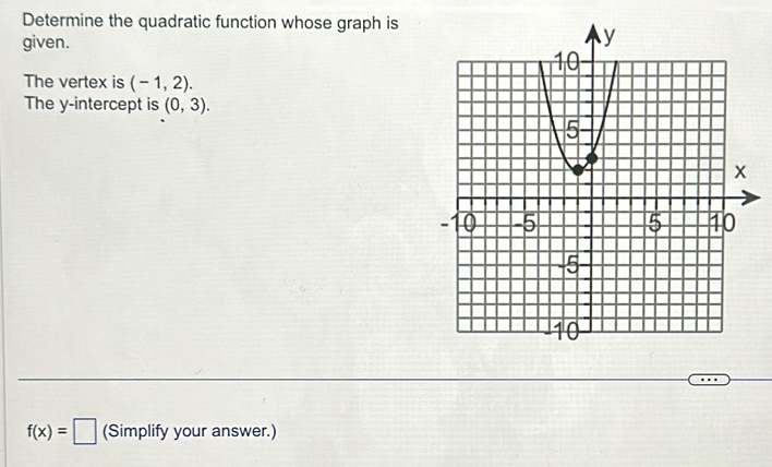 Determine the quadratic function whose graph is 
given. 
The vertex is (-1,2). 
The y-intercept is (0,3).
f(x)=□ (Simplify your answer.)