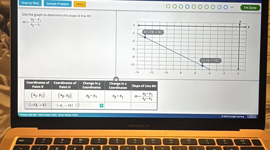 Step-by-Step Sample Problem Hints
I'm Done
Use the graph to determine the slope of line RH.
m=frac y_2-y_1x_2-x_1
l  018  Cliena Verston: 9.8.32 Server Verston, 9 8.32     
© 2023 Caregie Lean
MacBook Alr