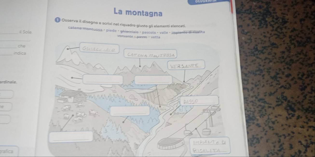 La montagna 
● Osserva il disegno e scrivi nel riquadro giusto gli elementi elencati. 
catena montuosa · piede· ghiacciaio · pascolo· valle · impianto di risalita 
_ 
_il Sole. versante : passo · vetta 
_che 
GHIACr)alO 
_indica CATENa MoTVOSA 
VERSANTE 
ardinale. 
_ 
_ 
_ 
e 
_ 
_ 
IHAMTo D 
rafica Risalita