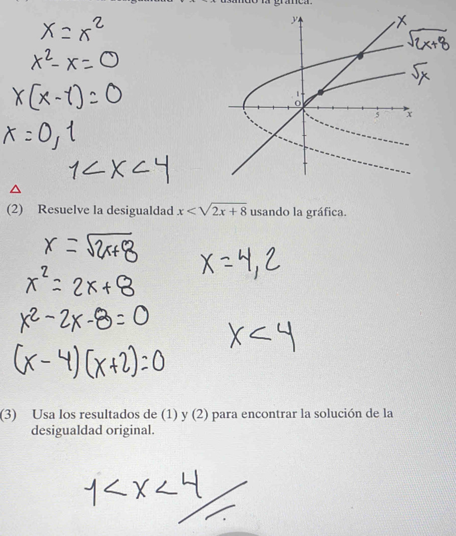 (2) Resuelve la desigualdad x usando la gráfica. 
(3) Usa los resultados de (1) y (2) para encontrar la solución de la 
desigualdad original.