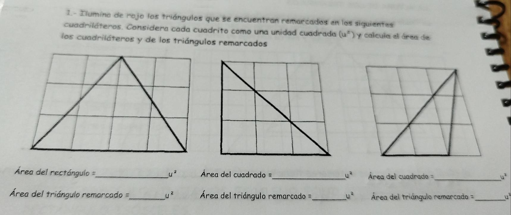 1.- Ilumina de rojo los triángulos que se encuentran remarcados en los siquientes 
cuadriláteros. Considera cada cuadrito como una unidad cuadrada (u^2) y calcula el área de 
los cuadriláteros y de los triángulos remarcados 
Área del rectángulo = =_ u^2 Área del cuadrado = _ u^2 Área del cuadrado = 
_ u^2
Área del triángulo remarcado = =_ u^2 Área del triángulo remarcado = _ u^2 Área del triángulo remarcado = == _a