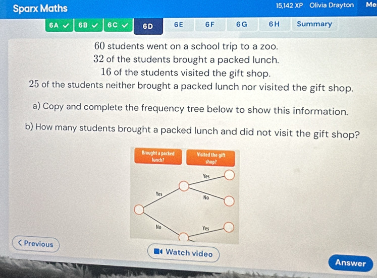 Sparx Maths 15,142 XP Olivia Drayton Me 
6A 6B 6C 6D 6E 6F 6 G 6H Summary
60 students went on a school trip to a zoo.
32 of the students brought a packed lunch.
16 of the students visited the gift shop.
25 of the students neither brought a packed lunch nor visited the gift shop. 
a) Copy and complete the frequency tree below to show this information. 
b) How many students brought a packed lunch and did not visit the gift shop? 
Brought a packed Visited the gift 
lunch? shop? 
< Previous Watch video 
Answer