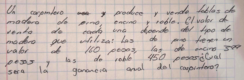 Un carpintero producc y vende toblas do 
madero do pino, encino v roble. CIvalor do 
venta do eada una depende del tj00 do 
madero gue ofiliza: Las do prno fieven on 
valor de 160 p6205, las do encing 3eq 
pesos y las do roble 450 pesosical 
sera la ganancia aral del carointero?