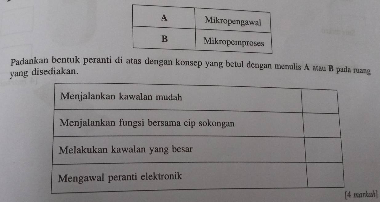 Padankan bentuk peranti di atas dengan konsep yang betul dengan menulis A atau B pada ruang 
yang disediakan. 
kah]