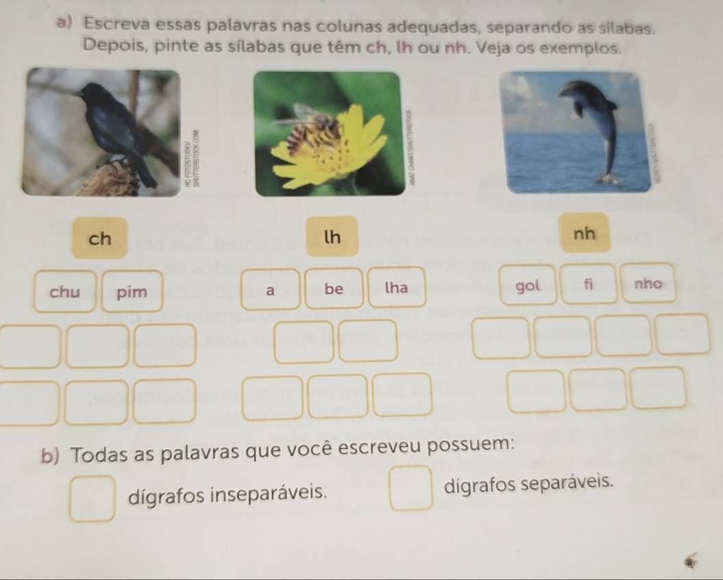 Escreva essas palavras nas colunas adequadas, separando as silabas. 
Depois, pinte as sílabas que têm ch, lh ou nh. Veja os exemplos. 
ch 
lh 
nh 
chu pim a be lha gol fi nho 
b) Todas as palavras que você escreveu possuem: 
dígrafos inseparáveis. dígrafos separáveis.