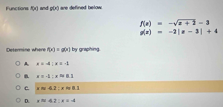 Functions f(x) and g(x) are defined below.
f(x)=-sqrt(x+2)-3
g(x)=-2|x-3|+4
Determine where f(x)=g(x) by graphing.
A. x=-4; x=-1
B. x=-1; xapprox 8.1
C. xapprox -6.2; xapprox 8.1
D. xapprox -6.2; x=-4