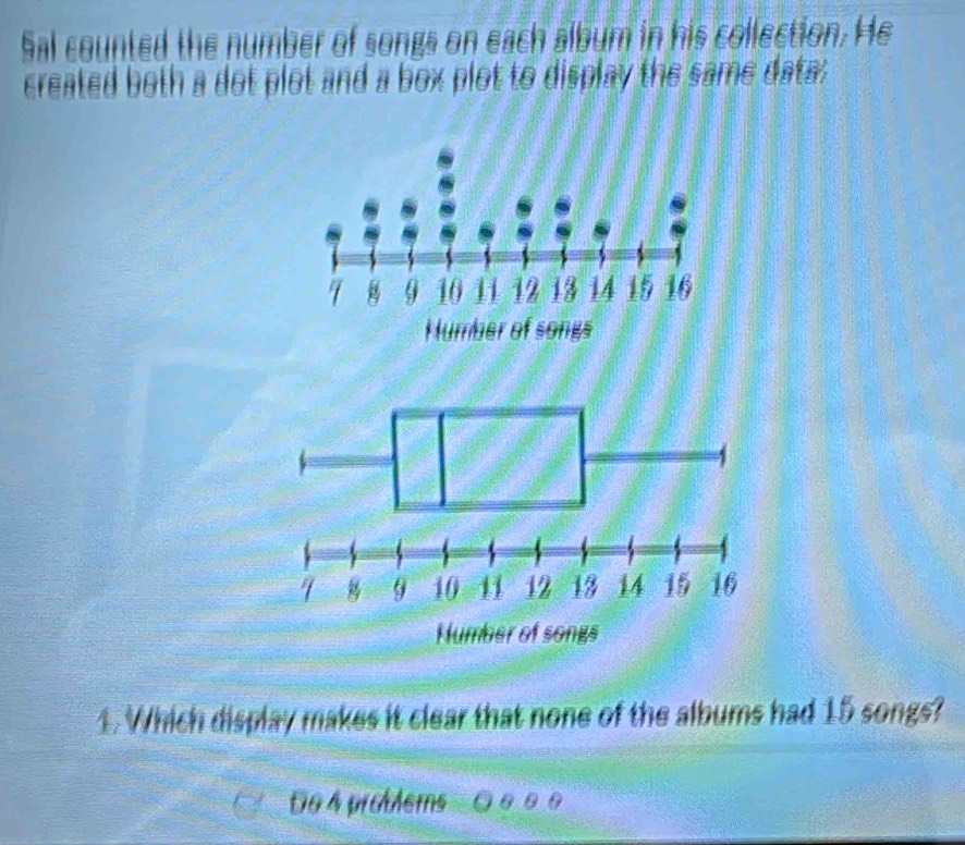 Sal counted the number of songs on each album in his collection. He 
created both a dot plot and a box plot to display the same data; 
1. Which display makes it clear that none of the albums had 15 songs? 
De 4 probems 00 0