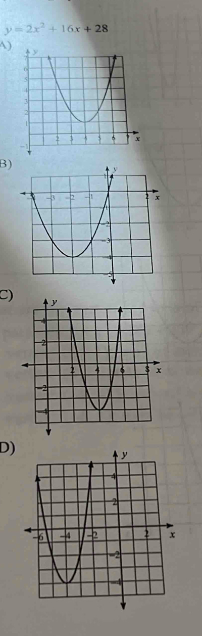 y=2x^2+16x+28
A) 
B) 
C) 
D)