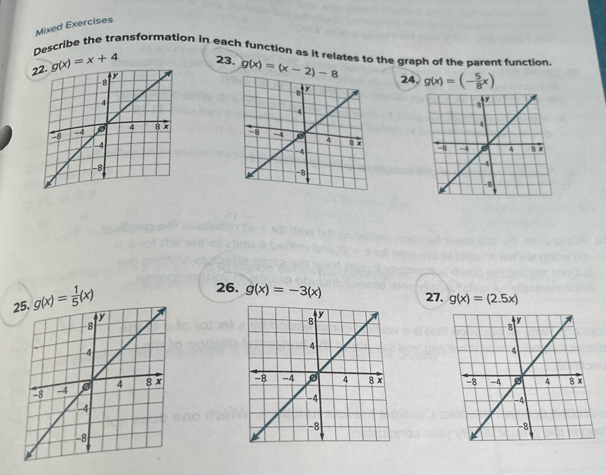 Mixed Exercises 
Describe the transformation in each function as it relates to the graph of the parent function. 
2 g(x)=x+4
23. g(x)=(x-2)-8 24, g(x)=(- 5/8 x)
g(x)= 1/5 (x)
26. g(x)=-3(x) 27. g(x)=(2.5x)