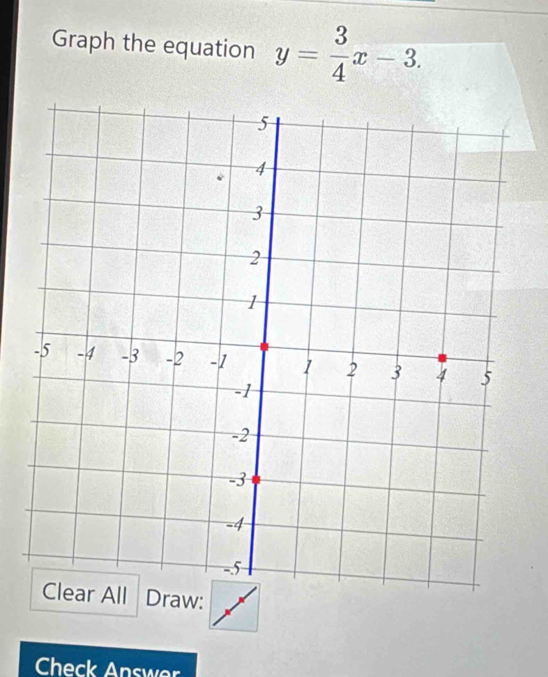 Graph the equation y= 3/4 x-3. 
Draw: 
Check Answer