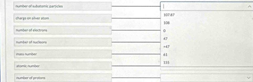 number of subatomic particles
107.87
charge on silver atom
108
number of electrons 0
47
number of nucleons
+47
mass number 61
155
atomic number
number of protons