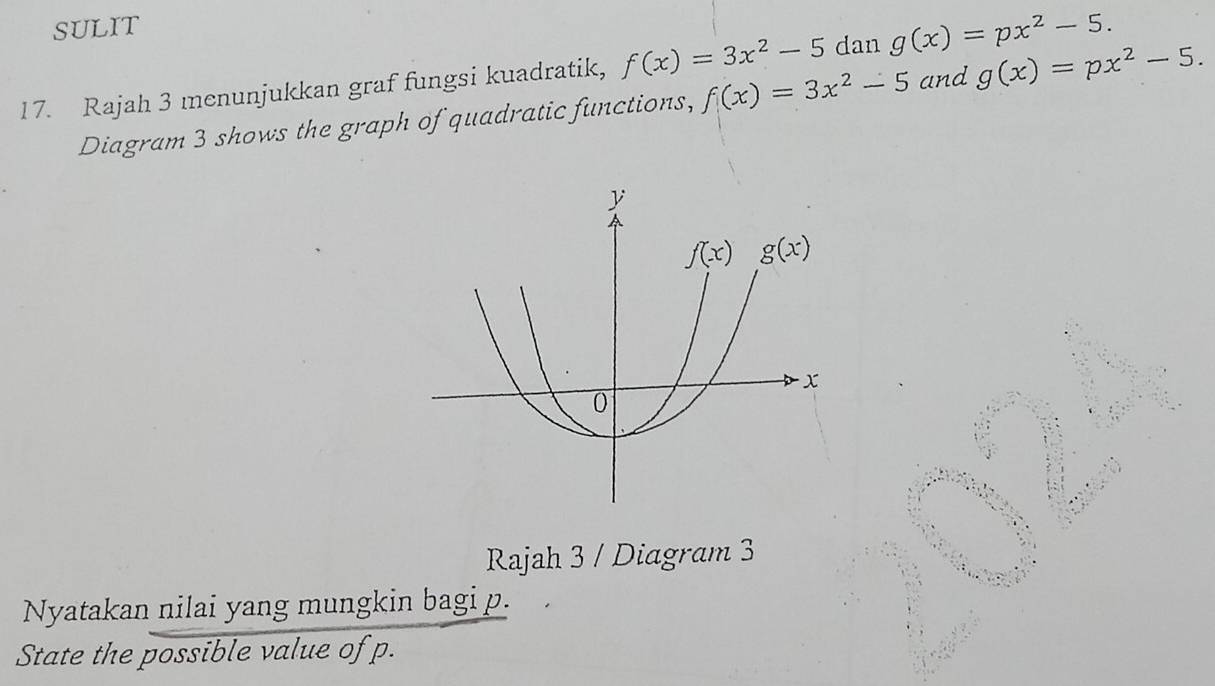 SULIT
17. Rajah 3 menunjukkan graf fungsi kuadratik, f(x)=3x^2-5 dan g(x)=px^2-5.
Diagram 3 shows the graph of quadratic functions, f(x)=3x^2-5 and g(x)=px^2-5.
Rajah 3 / Diagram 3
Nyatakan nilai yang mungkin bagi p.
State the possible value of p.