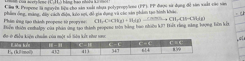 cnuán cua acetylene (C_2H_2) băng bao nhiêu kJ/mol?
Câu 9. Propene là nguyên liệu cho sản xuất nhựa polypropylene (PP). PP được sử dụng để sản xuất các sản
phầm ống, màng, dây cách điện, kéo sợi, đồ gia dụng và các sản phầm tạo hình khác.
Phản ứng tạo thành propene từ propyne: CH_3-Cequiv CH(g)+H_2(g)xrightarrow I(.()vee CH_3-CH=CH_2(g)
Biến thiên enthalpy của phản ứng tạo thành propene trên bằng bao nhiêu kJ? Biết rằng năng lượng liên kết
đo ở điều kiện chuẩn của một số liên kết như sau:
0(