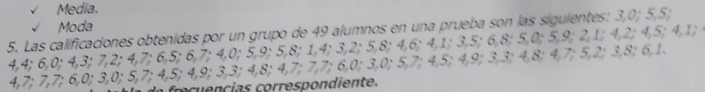 Media. 
Moda 
5. Las calificaciones obtenidas por un grupo de 49 alumnos en una prueba son las siguientes: 3, 0; 5, 5;
1
4. 4° 6 4, 3; 7, 2; 4, 7; 6, 5; 6, 7; 4, 0; 5, 9; 5, 8; 1, 4; 3, 2; 5, 8; 4, 6; 4, 1; 3, 5; 6, 8; 5, 9; 2, 1; 4 8; 6, 1. 
. ,7; 7, 7, 6, 0; 3, 0; 5, 7, 4, 5; 4, 9; 3; 4, 8; 4, 7; 6, 0; 0; 3, 0; 3, 3, 7, 4, 4, 5, 4, 7; 5, 2; 3 frecuencias correspondiente.