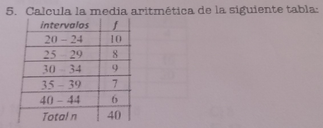 Calcula la media aritmética de la siguiente tabla: