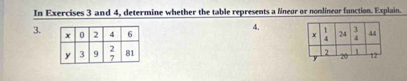 In Exercises 3 and 4, determine whether the table represents a linear or nonlinegr function. Explain. 
4. 
3.