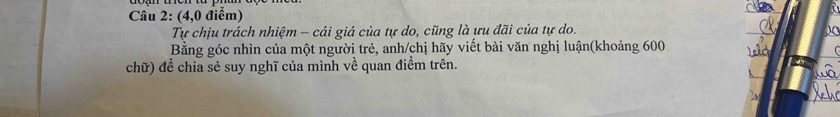 (4,0 điểm) 
Tự chịu trách nhiệm -- cái giá của tự do, cũng là ưu đãi của tự do. JC 
Bằng góc nhìn của một người trẻ, anh/chị hãy viết bài văn nghị luận(khoảng 600
chữ) để chia sẻ suy nghĩ của mình về quan điểm trên. 
Xeh