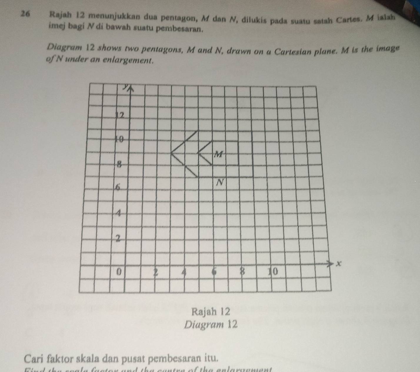 Rajah 12 menunjukkan dua pentagon, M dan N, dilukis pada suatu satah Cartes. Mialah 
imej bagi N di bawah suatu pembesaran. 
Diagram 12 shows two pentagons, M and N, drawn on a Cartesian plane. M is the image 
of N under an enlargement.
y
12
10
M
8
6..
N
4
2
x
0 2 4 6 8 10
Rajah 12 
Diagram 12 
Cari faktor skala dan pusat pembesaran itu.