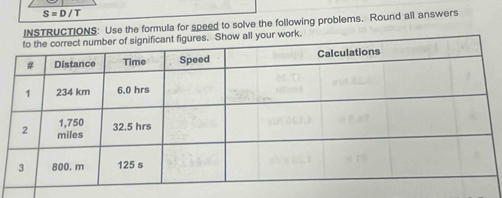 S=D/T
INSTRUCTIONS: Use the formula for speed to solve the following problems. Round all answers 
.