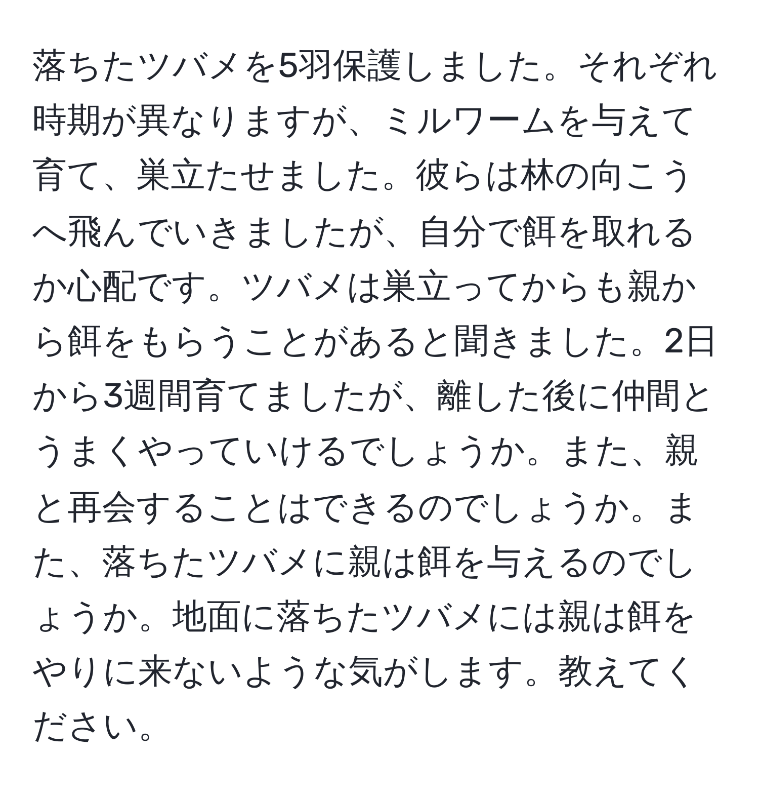 落ちたツバメを5羽保護しました。それぞれ時期が異なりますが、ミルワームを与えて育て、巣立たせました。彼らは林の向こうへ飛んでいきましたが、自分で餌を取れるか心配です。ツバメは巣立ってからも親から餌をもらうことがあると聞きました。2日から3週間育てましたが、離した後に仲間とうまくやっていけるでしょうか。また、親と再会することはできるのでしょうか。また、落ちたツバメに親は餌を与えるのでしょうか。地面に落ちたツバメには親は餌をやりに来ないような気がします。教えてください。