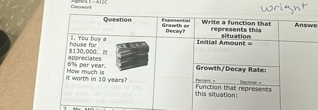 Algebra 1 - A11C 
Classwork 
e 
7