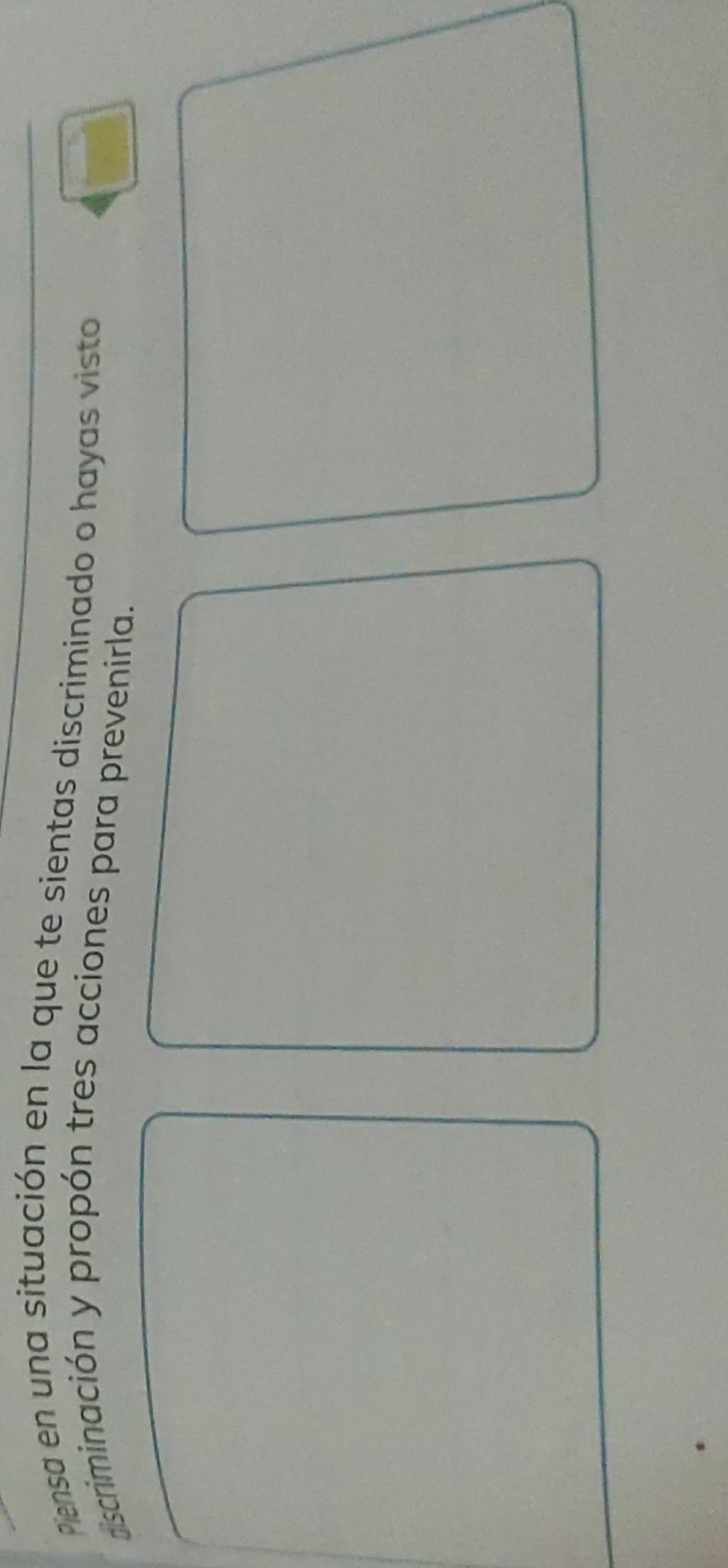 Piensa en una situación en la que te sientas discriminado o hayas visto 
discriminación y propón tres acciones para prevenirla.