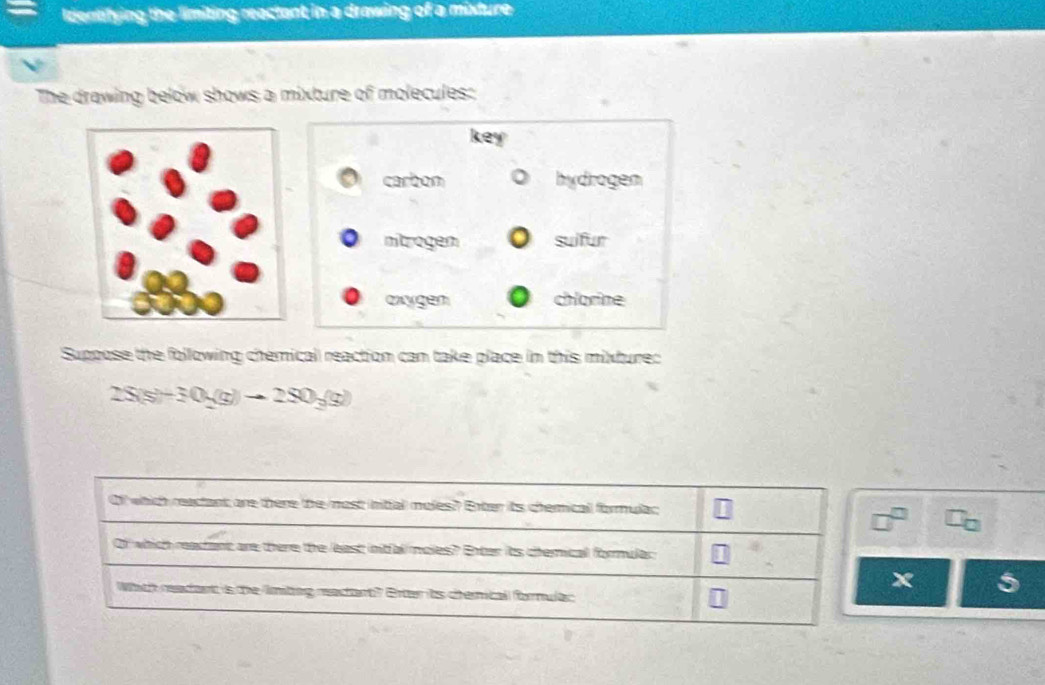 Identifying the limiting reactant in a drawing of a mixture
The drawing below shows a mixture of molecules:
key
carbon hydrogen
nitrogen suifur
oxygen chlorine
Suppose the following chemical reaction can take place in this mixture:
2S(s)-30(g)to 2SO_2(g)
Of which reactant are there the most initial moles? Enter its chemical formulac
Of which reactiant are there the least initial moles? Enter its chemical formular
x
Whith readant is the imibng mactant? Enter its chemical formular