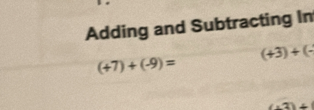 Adding and Subtracting In
(+3)+(-
(+7)+(-9)=
(-2)+