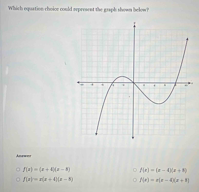 Which equation choice could represent the graph shown below?
x
Answer
f(x)=(x+4)(x-8)
f(x)=(x-4)(x+8)
f(x)=x(x+4)(x-8)
f(x)=x(x-4)(x+8)