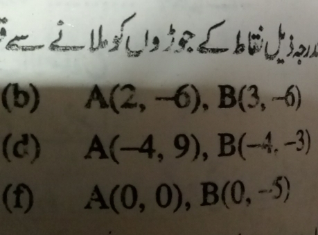 b
(b) A(2,-6), B(3,-6)
(d) A(-4,9), B(-4,-3)
(f) A(0,0), B(0,-5)