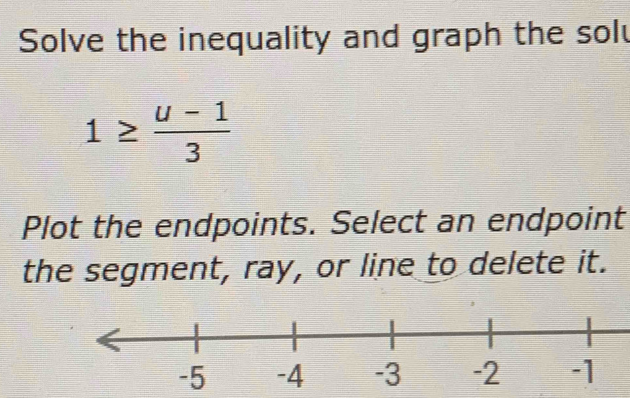 Solve the inequality and graph the sol
1≥  (u-1)/3 
Plot the endpoints. Select an endpoint 
the segment, ray, or line to delete it.