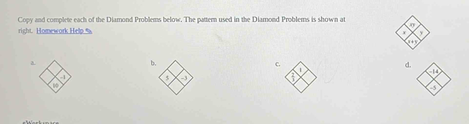 Copy and complete each of the Diamond Problems below. The pattern used in the Diamond Problems is shown at
ty
right. Homework Help 
+ y
x + V
a.
b.
C.
d.
1
-1
5 -3
 2/3 
10