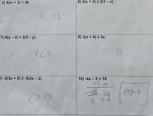 4(m+3)>36 5(x+2)≤ 2(3-x)
7)