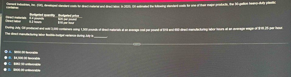 Genent Industries, Inc. (GII), developed standard costs for direct material and direct labor. In 2020, GII estimated the following standard costs for one of their major products, the 30-gallon heavy-duty plastic
container.
Budgeted quantity Budgeted price
Direct materials 0.4 pounds $20 per pound
Direct labor 0.2 hours $16 per hour
During July, GII produced and sold 3,000 containers using 1,500 pounds of direct materials at an average cost per pound of $19 and 650 direct manufacturing labor hours at an average wage of $16.25 per hour.
The direct manufacturing labor flexible-budget variance during July is_
A. $650.00 favorable
B. $4,500.00 favorable
C. $962.50 unfavorable
D. $800.00 unfavorable