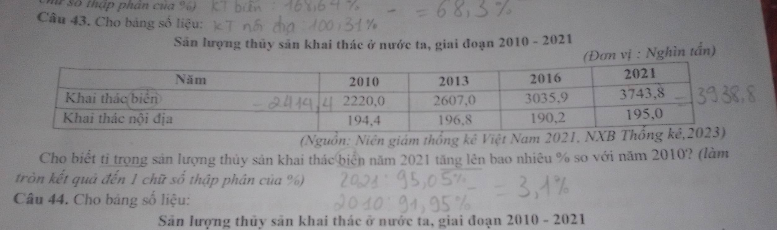 so thập phân cua ' 
Câu 43. Cho bảng số liệu: 
Sân lượng thủy sản khai thác ở nước ta, giai đoạn 2010-2021 
(Đơn vị : Nghìn tấn) 
(Nguồn: Niên giám thống kê Việt Nam 
Cho biết ti trong sản lượng thủy sản khai thác biển năm 2021 tăng lên bao nhiêu % so với năm 2010? (làm 
tròn kết quả đến 1 chữ số thập phân của %) 
Câu 44. Cho bảng số liệu: 
Sản lượng thủy săn khai thác ở nước ta, giai đoạn 2010-202