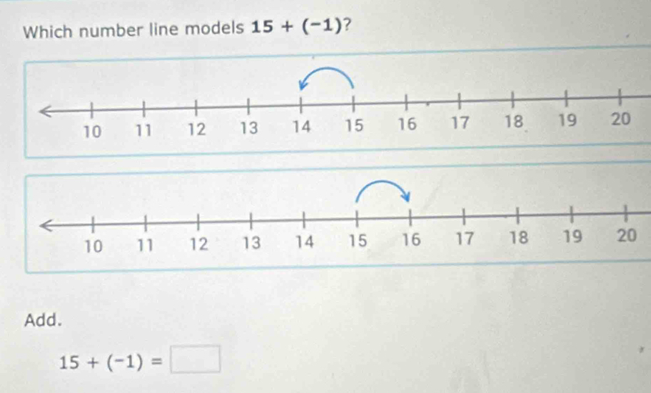 Which number line models 15+(-1) ?
Add.
15+(-1)=□