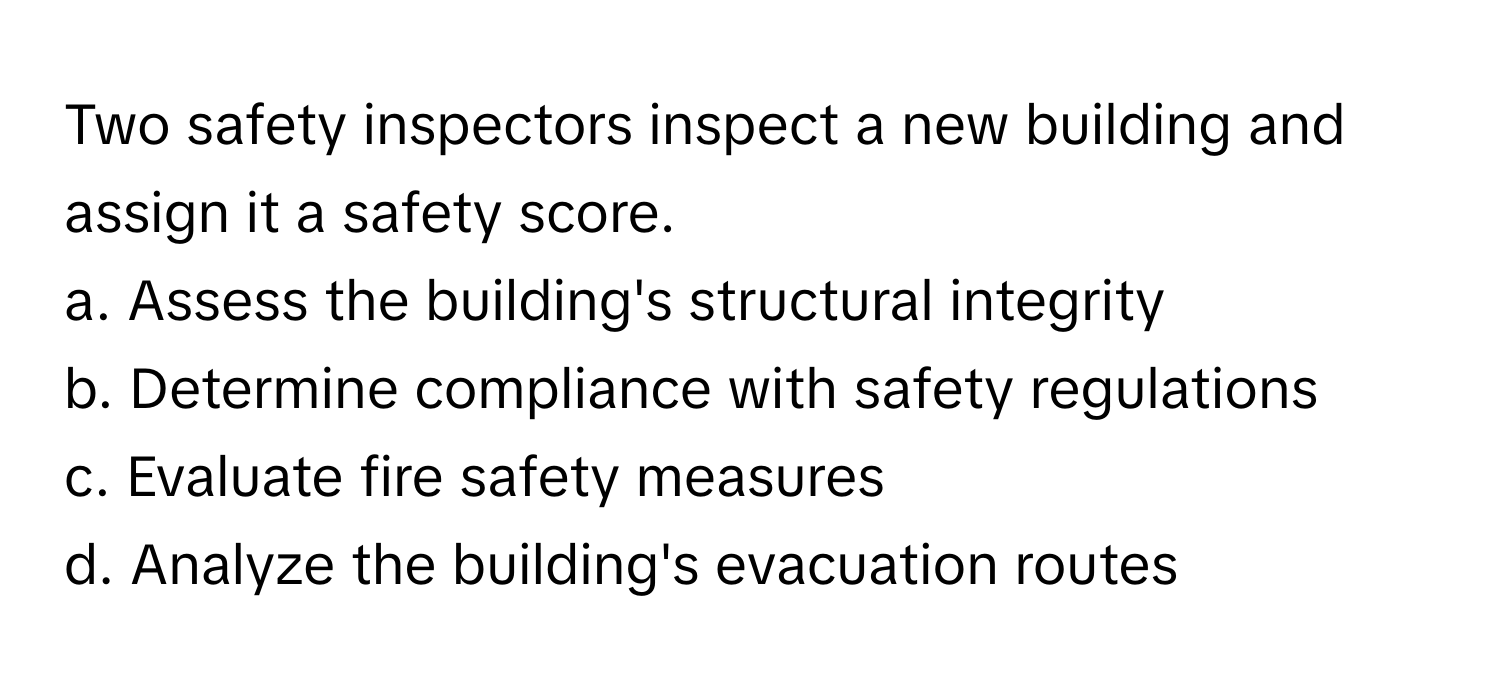 Two safety inspectors inspect a new building and assign it a safety score. 

a. Assess the building's structural integrity 
b. Determine compliance with safety regulations 
c. Evaluate fire safety measures 
d. Analyze the building's evacuation routes