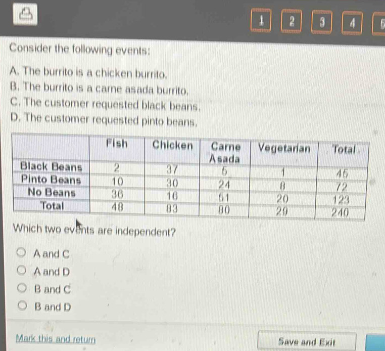 1 2 3 4 6
Consider the following events:
A. The burrito is a chicken burrito.
B. The burrito is a carne asada burrito.
C. The customer requested black beans.
D. The customer requested pinto beans.
Which two events are independent?
A and C
A and D
B and C
B and D
Mark this and return Save and Exit